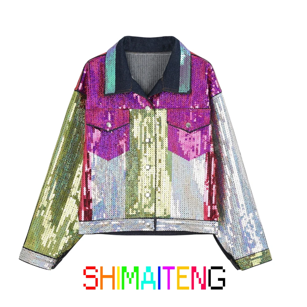 

2020 Spring Fashion Women Silver Sequined Denim Coats Turn-down Collar Long Sleeve Hit color Outwears Cardigan Denim Jackets
