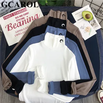 

GCAROL 2020 Early Spring Women Half Collar Applique Shirt Stretch Basic Tops shirt Slim Fit OL Render Unlined Upper Garment