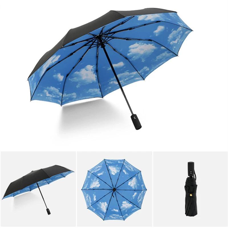 Десять костей автоматический 210 т складной зонт женский мужской автомобиль роскошный большой Ветрозащитный зонтик качество зонтик Мужской дождь черная краска - Цвет: Sky Blue