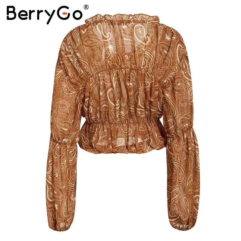 BerryGo/винтажная короткая шифоновая блузка для женщин с эластичной высокой талией, с оборками, женские топы, рубашка с буфами на рукавах, осенние женские блузки с принтом