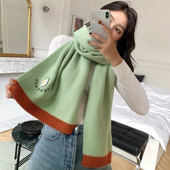 

2020New Autumn and winter Korean style avocado Embroidery Scarf thickening keep warm girl Shawl student Holiday gift Solid color