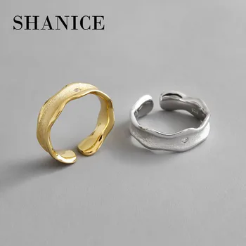 

SHANICE S925 Sterling Silver Adjustable Open Rings gold color INS simple wave pattern drawing CZ Finger Ring For Women girls