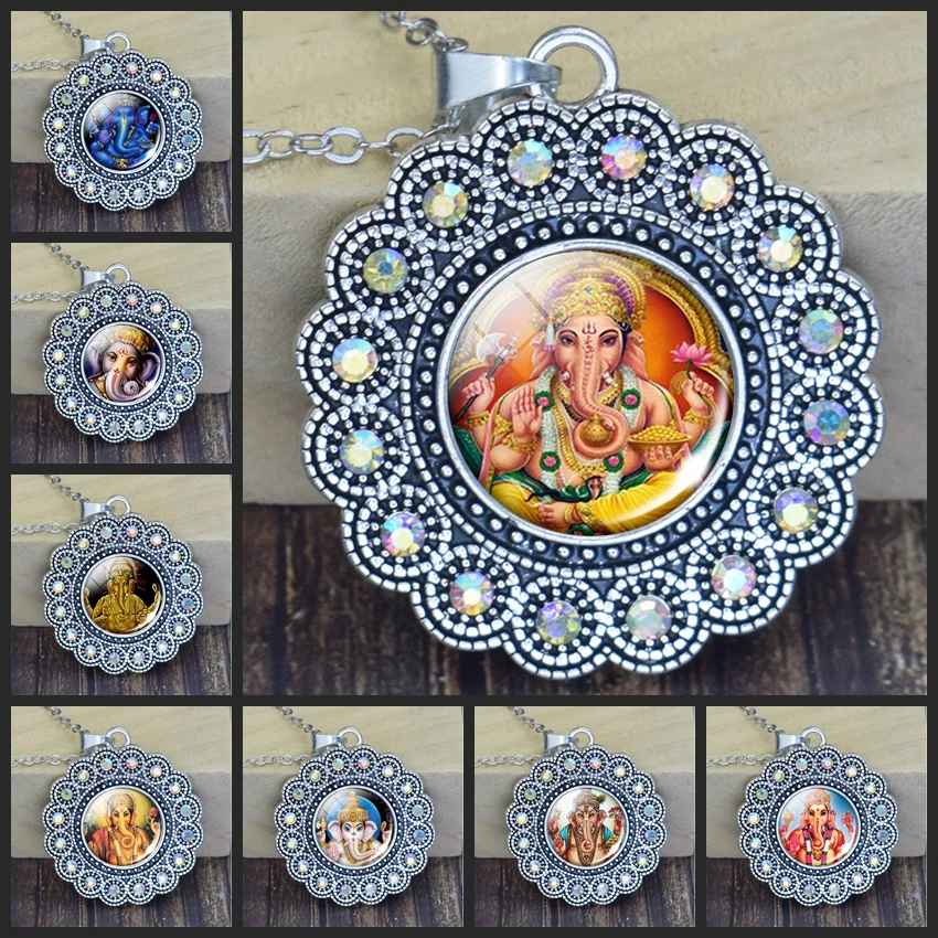 

Charm Lucky Indian Elephant Head God Ganesh Jewelry Glass Dome Cabochon Flower Pendant Choker Necklace Amulet Family Gift