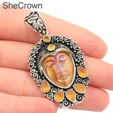 53x29 мм красивый длинный цитрин кварц богиня лицо, Золотой Цитрин женский подарок серебряный кулон