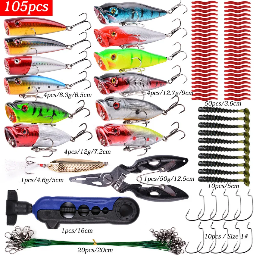 Mixs Fishing Tackle Set with Crankbaits Popper Minnow Hard Baits Soft Lure Pliers Wide Hooks