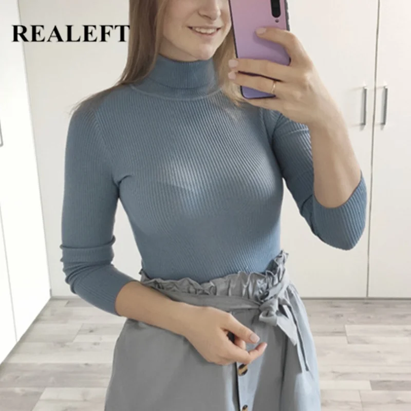 REALEFT Autumn Winter Zipper Basic Knitted Women Turtleneck Sweater Long Sleeve Black Khaki Pullovers 2019 New Arrival | Женская одежда