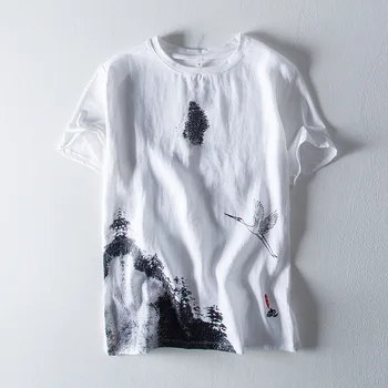

ZHIJING 2020 Summer New Style Chinese-style Ink Painting Cotton Linen MEN T-shirt Casual Breathable Short Sleeve T-shirt Men TOP