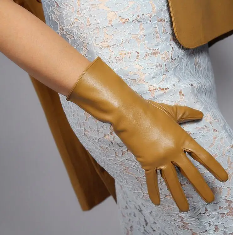 

Women's fashion sexy slim faux pu leather glove lady's club performance formal party leather brown glove 28cm R1951