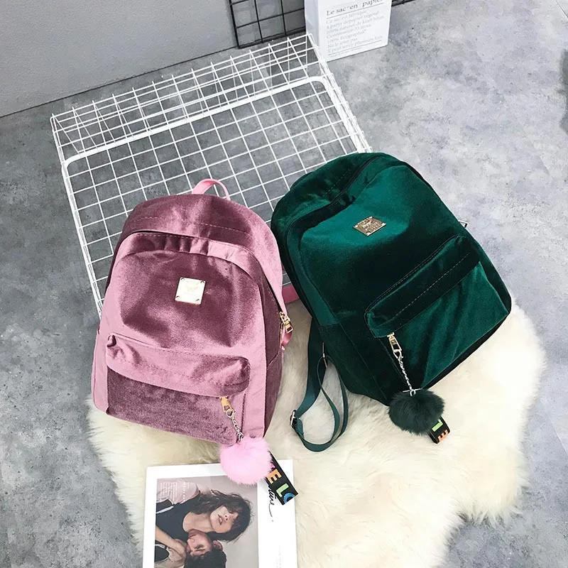 

2019 Spring New Style Korean-style Gold Velvet Furry Ball Backpack College Style Solid Color School Bag Women's Casual Backpack