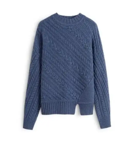 AL2002 Blue Популярный осенне-зимний женский теплый вязаный шерстяной свитер женский полувысокий воротник косой скрученный свободный ветряной низ пуловеры - Цвет: AL2002 Blue