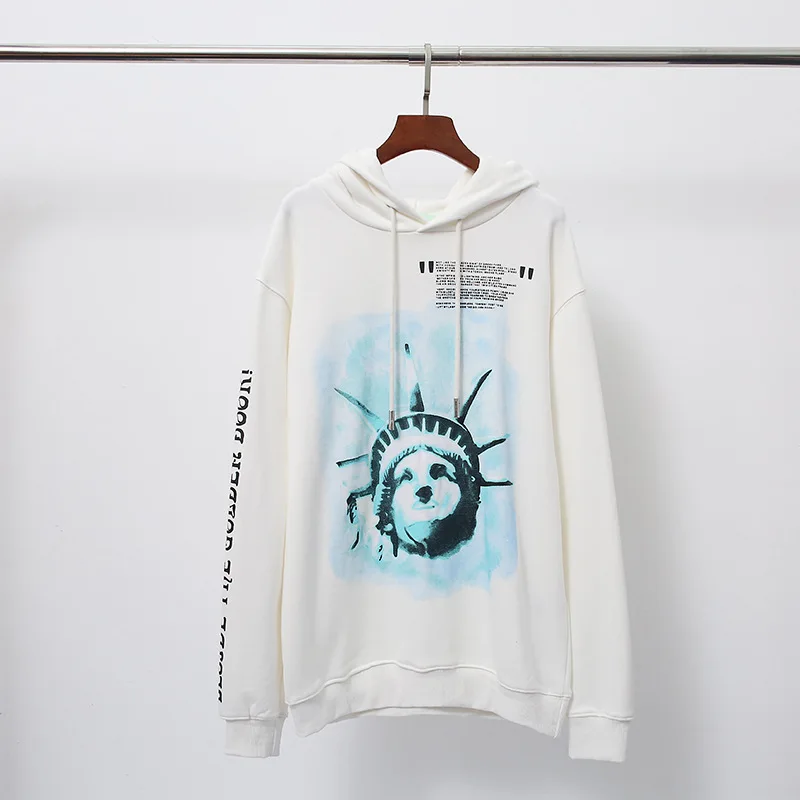 Классический OFF-WHITE статуя Liberty факел печати Толстовка уличная свободная хип хоп Женская Мужская Полная Толстовка