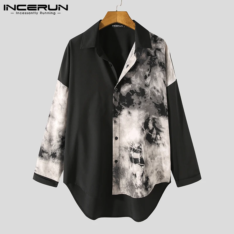 Men Casual Shirt Spring Print Patchwork Lapel Long Sleeve Streetwear Tops Korean Loose Fashion Shirts Long Sleeve Shirt Men Casual Shirt
