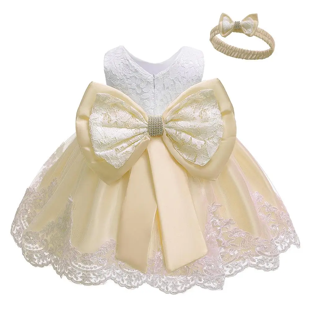 Vestidos/Одежда для маленьких девочек платье для малышей кружевное платье без рукавов с бантом для девочек на день рождения, костюм для малышей от 3 до 24 месяцев - Цвет: champagne