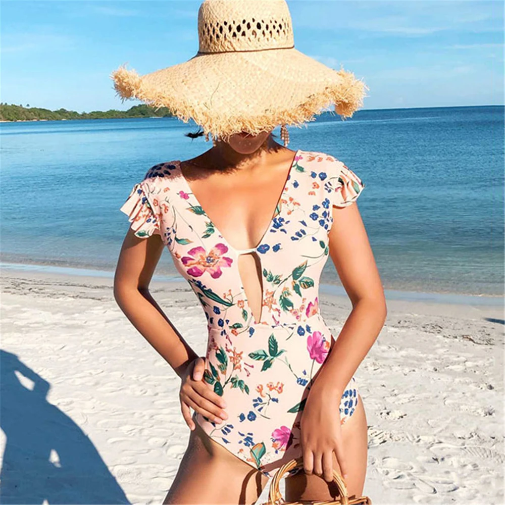 

Sexy Deep Plunge Pink Vintage Floral Ruffle Shoulder One Piece Swimsuit Lady 2020 Monokini Swimwear Women Swim Bath Suit Trikini