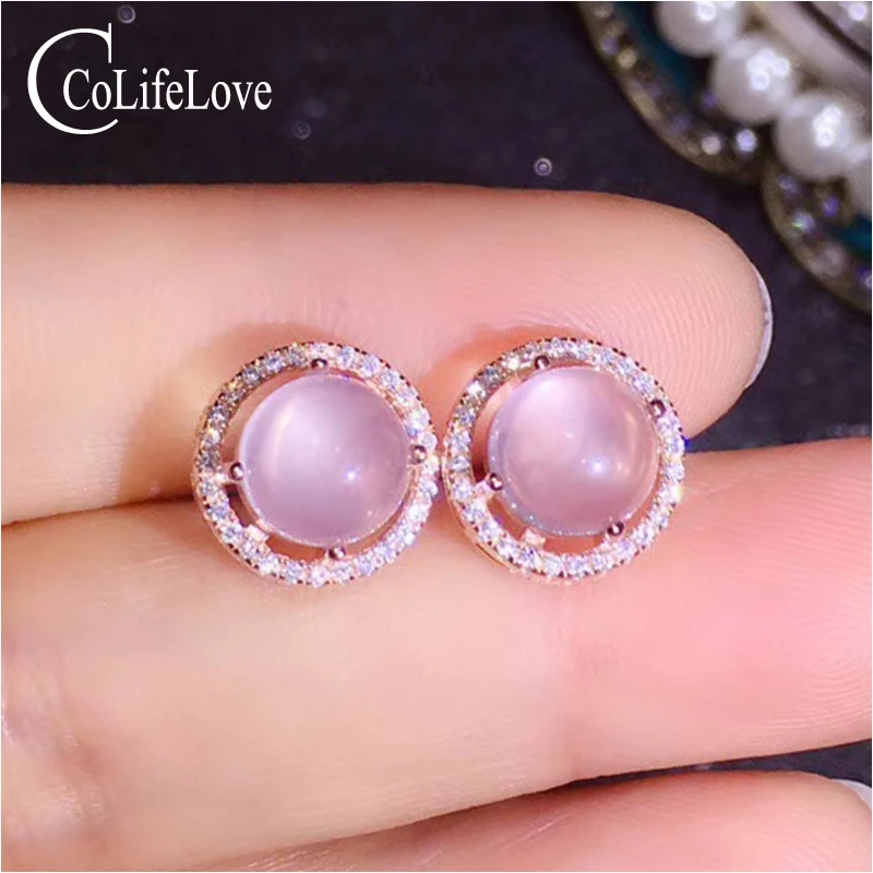 Najtaniej CoLife biżuteria 100% Natural Rose Quartz stadniny kolczyki na odzież na co dzień 8mm Rose Quartz kolczyki 925 srebrna róża biżuteria kwarcowa