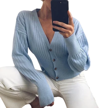 

2020 Ladies Knitted Crop Coat Women Solid Color Button Down Long Sleeve Cropped Sweater Cardigan Casual Short Outwear