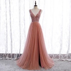 New Pink Sequins Evening Dress V-Neck Backless A-Line Floor-Length Crystal Bling Luxurious Lace Up Party Formal Gown Woman B217