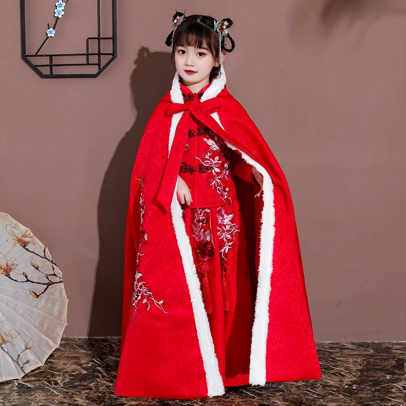 Hanfu/накидка для девочек; Новинка; длинный плащ с вышивкой в китайском стиле; детская Мантия в древнем стиле; детская одежда на год; сохраняющая тепло - Цвет: 2