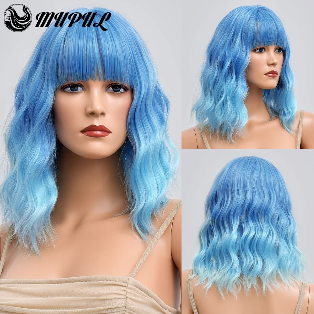 

Blue Ombre Short Wave Cosplay Hair Natural Synthetic Wigs With Bangs For Women Heat Resistant Female Daily Fibre Wavy Wig