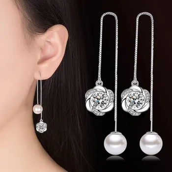 Luxury Women's Swirl Drop Earrings Crystal Pearl Cubic Zircon Stone Long Pendant Eddy Dangle Earring For Lady Girls