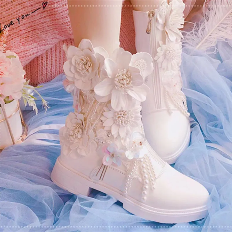 

Zipper Booties High Martin Boots White Three-dimensional Flower Princess Cos Lolita Loli Palace Vintage Girls Shoes Low Help