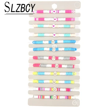 

12 pcs/set Acrylic Heart Charm Bracelets For Women Handmade Soft Clay Beaded Bracelet Set Elastic Rope Fashion Bracelet Gift