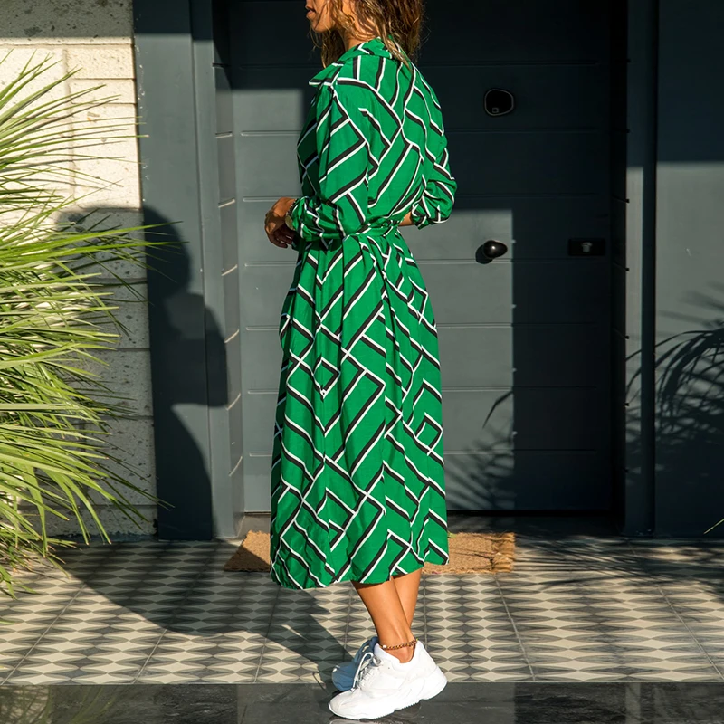 Aachoae 2020 New Striped Lady Shirt Dress Long Sleeve Turn Down Collar Casual Dresses Pockets Bandage Elegant Midi Dress Robe
