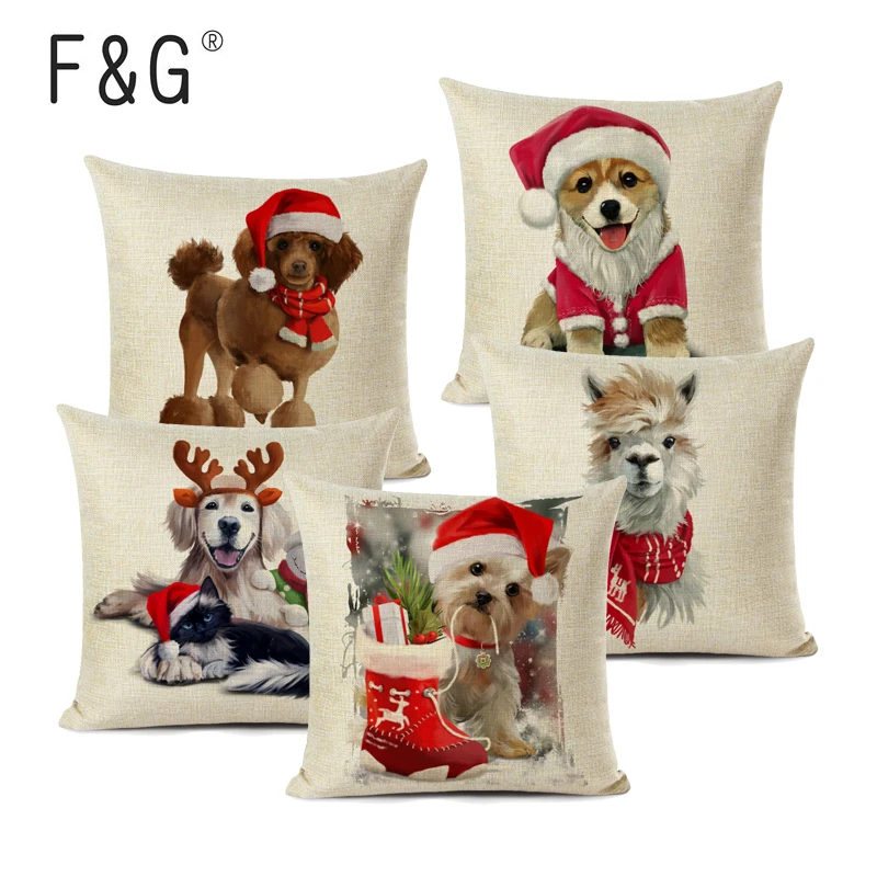 

Merry Christmas Pillow Cover Cute Christmas Animals Dog Cat Wear A Hat Printed Decorative Pillows Case for Home Decor