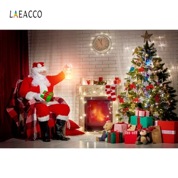 

Laeacco Christmas Photophone Tree Gifts Fireplace Santa Claus Lights Brick Wall Photo Backgrounds Interior Photography Backdrops