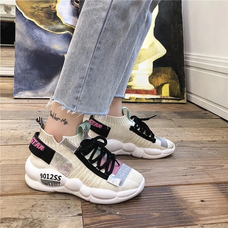 

2019 New Spring Autumn Women Colorful Sneakers Shoes Sock Sports Running Shoes for Women Breathable Socks Trainers Female Beige