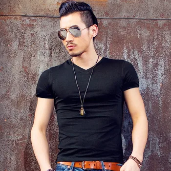 

Summer Men's T-Shirt Ice Solid Color V-neck Half Sleeve Bottoming Shirt