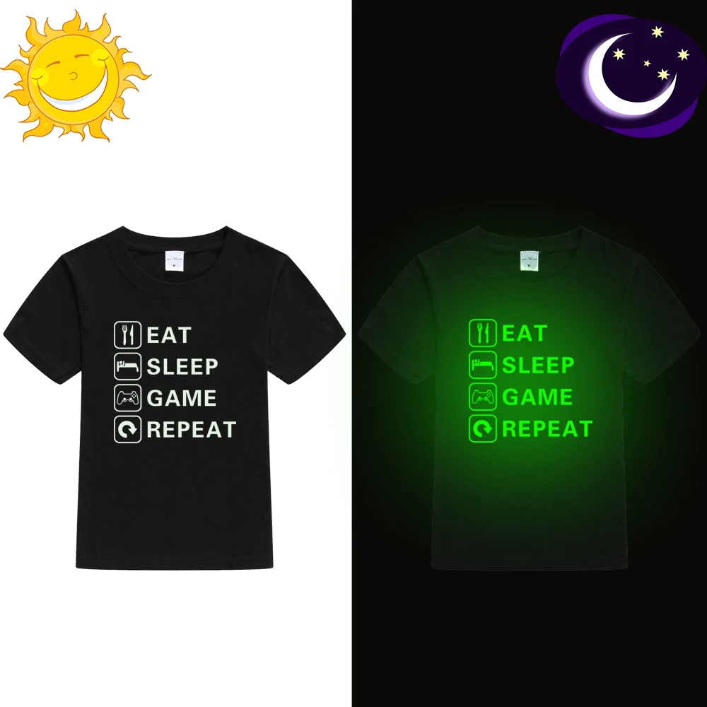 Детская светящаяся футболка для мальчиков с надписью «Eat Sleep Game Repeat», детские летние топы с короткими рукавами, повседневные Забавные футболки для мальчиков