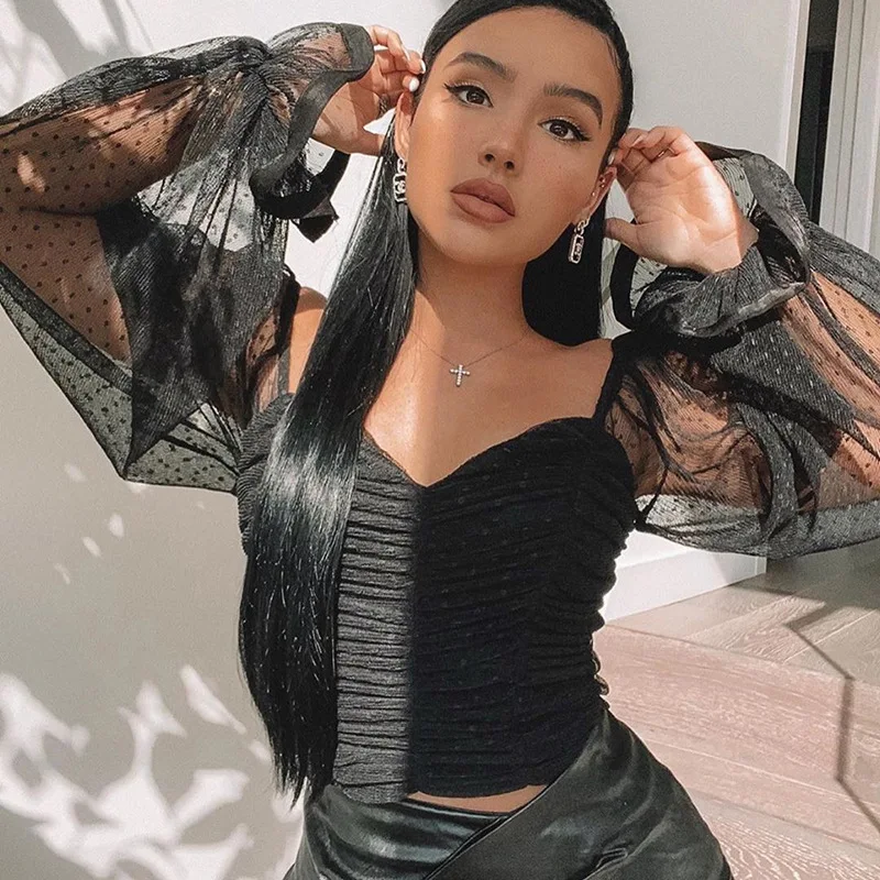 Square Collar Ruched Sexy Blouse Shirts Female See Through Mesh Polka Dot Fashion Long Sleeve Crop Tops Shirt