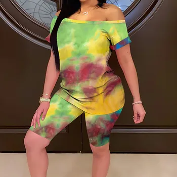 

Autumn 2020 Women Set O Neck Loose Short Sleeve Top Shirt And Biker Shorts Casual Two Piece Sets Tie-dye Outfit Tights sets#4