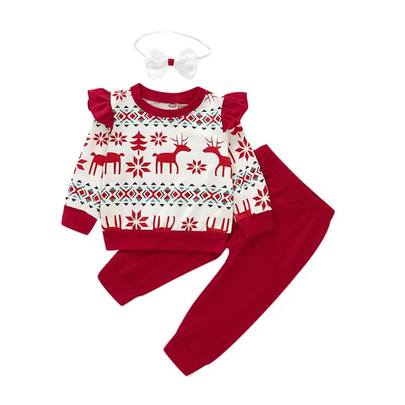 Рождественская одежда с оленями для маленьких девочек, одежда, пуловер, джемпер, футболка Топы+ длинные леггинсы, штаны, хлопковые комплекты из 3 предметов с Санта Клаусом