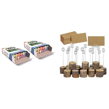 

24PCS/2 BOX Nontoxic Chalk 6-Color Washable & 10Pcs Wooden Stump Name Place Card Stand Rack Table Number Card Clip