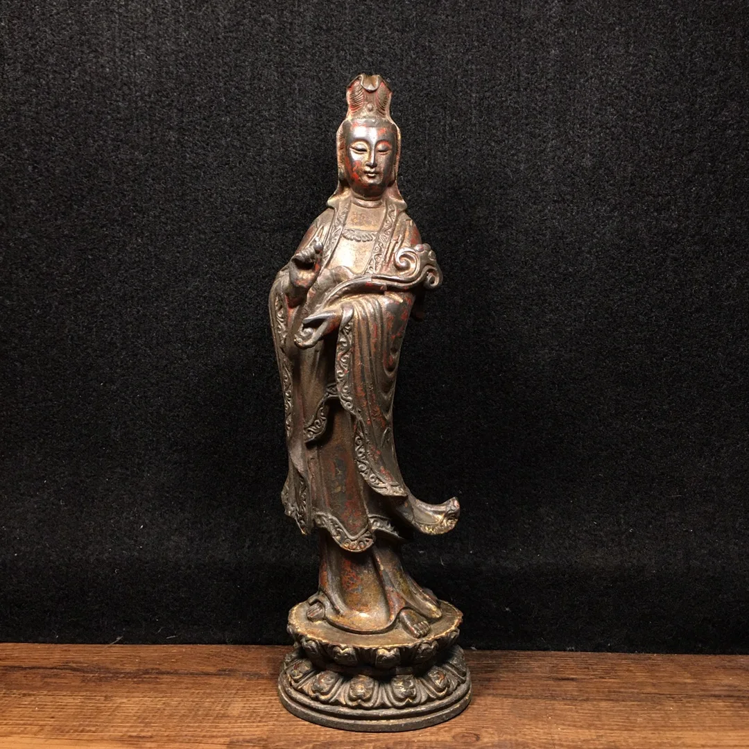 

10"Tibetan Temple Collection Old Bronze Cinnabar Lacquer Ruyi Guanyin Bodhisattva Standing Buddha Enshrine the Buddha Ornaments