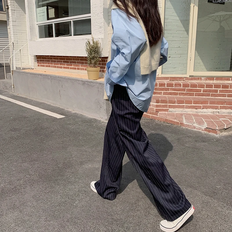 high waisted jeans HziriP 2021 Spring Summer New Stripe Loose Thin All Match Straight Leisure Trousers OL Lady High Waist Casual Wide Leg Pants capri trousers