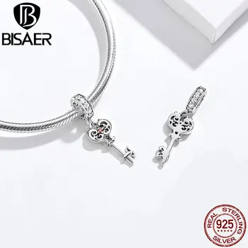 

BISAER 925 Sterling Silver Key Shape Pendants Charms Enamel Fit For Women Bracelet Beads Dazzling Jewelry Making HVC092