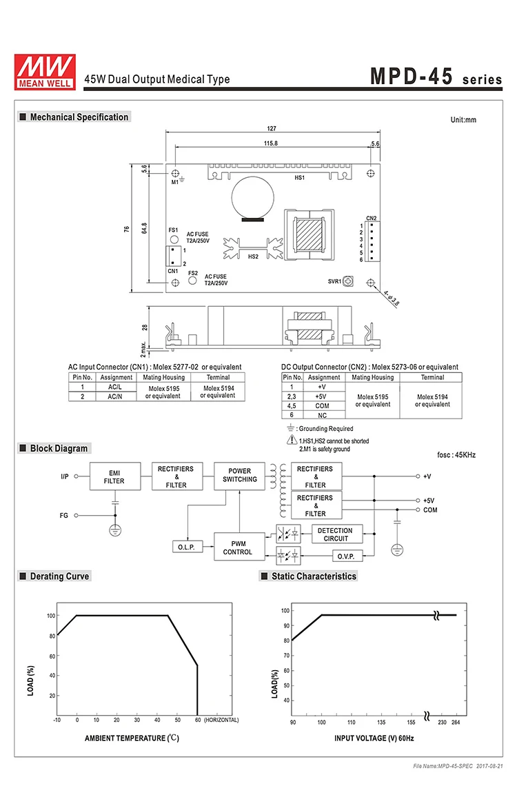 MPD-45A Meanwell 40 Вт Двойной выход монтажная плата PCB импульсный источник питания 110 В/220 В переменного тока до 5 В 12 В постоянного тока 3.2A 2A медицинская безопасность SMPS