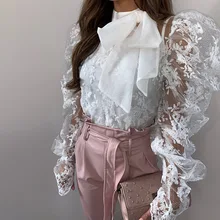 STYLISH LADY White Lace Shirt Blouse 2020 Spring Summer Women Long Puff Sleeve Bow See Through Club Party Elegant Blouses STYLISH LADY White Lace Shirt Blouse 2020 Spring Summer Women Long Puff Sleeve Bow See Through Club Party Elegant Blouses