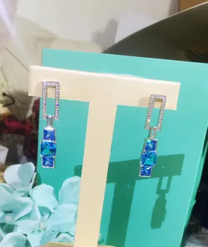 

TSHOU102 Fashion TI 925 Romance Cute Geometry Square Blue Zircon Stud Earrings