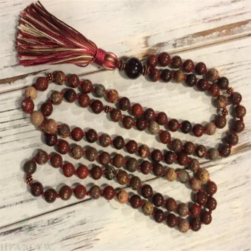 

8mm Picasso Gemstone 108 Beads Mala necklace band Tassel Wrist Buddhism Sutra cuff Chakas Lucky yoga Multicolor energy Wristband