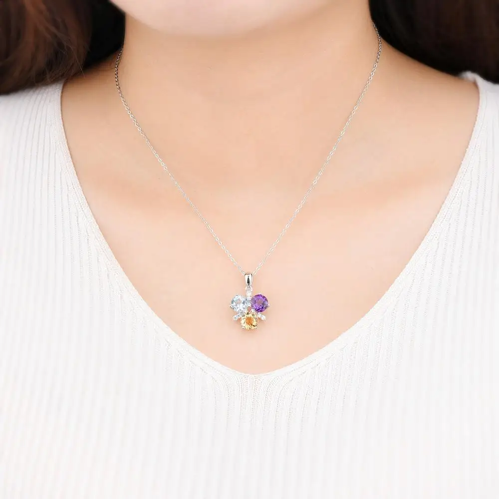Hutang Women's Pendant Natural Color Gemstone Amethyst Citrine Blue Topaz 925 Sterling Silver Chain Fine Elegant Jewelry Gift