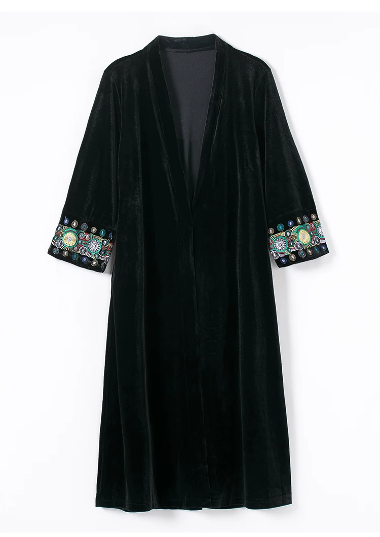 Осенне-зимнее женское модное черное бархатное пальто-Тренч с вышивкой спереди и карманами, деловая шаль-накидка, длинный кардиган-пальто