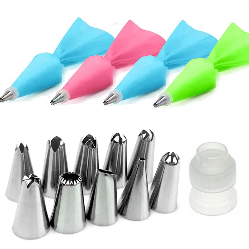 12PC/Set DIY Silicone Icing Piping Cream Pastry Bag Stainless Steel Nozzle Converter Kitchen Baking Tips Cake Decorating Tool | Дом и сад