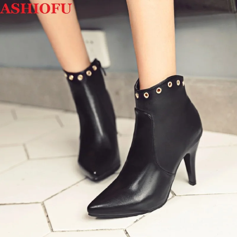 

ASHIOFU Handmade Ladies High Heels Boots Fisheyes Party Prom Ankle Booties Large Size 35-47 Evening Fashion Winter Short Boots