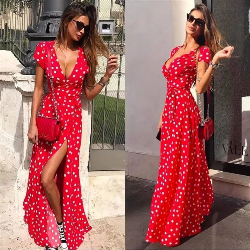 

WHWEIMENG Summer Boho Polka Dot Red Long Dresses Women Split Short Sleeve Summer White Dress 2020 Streetwear Black Maxi Dress