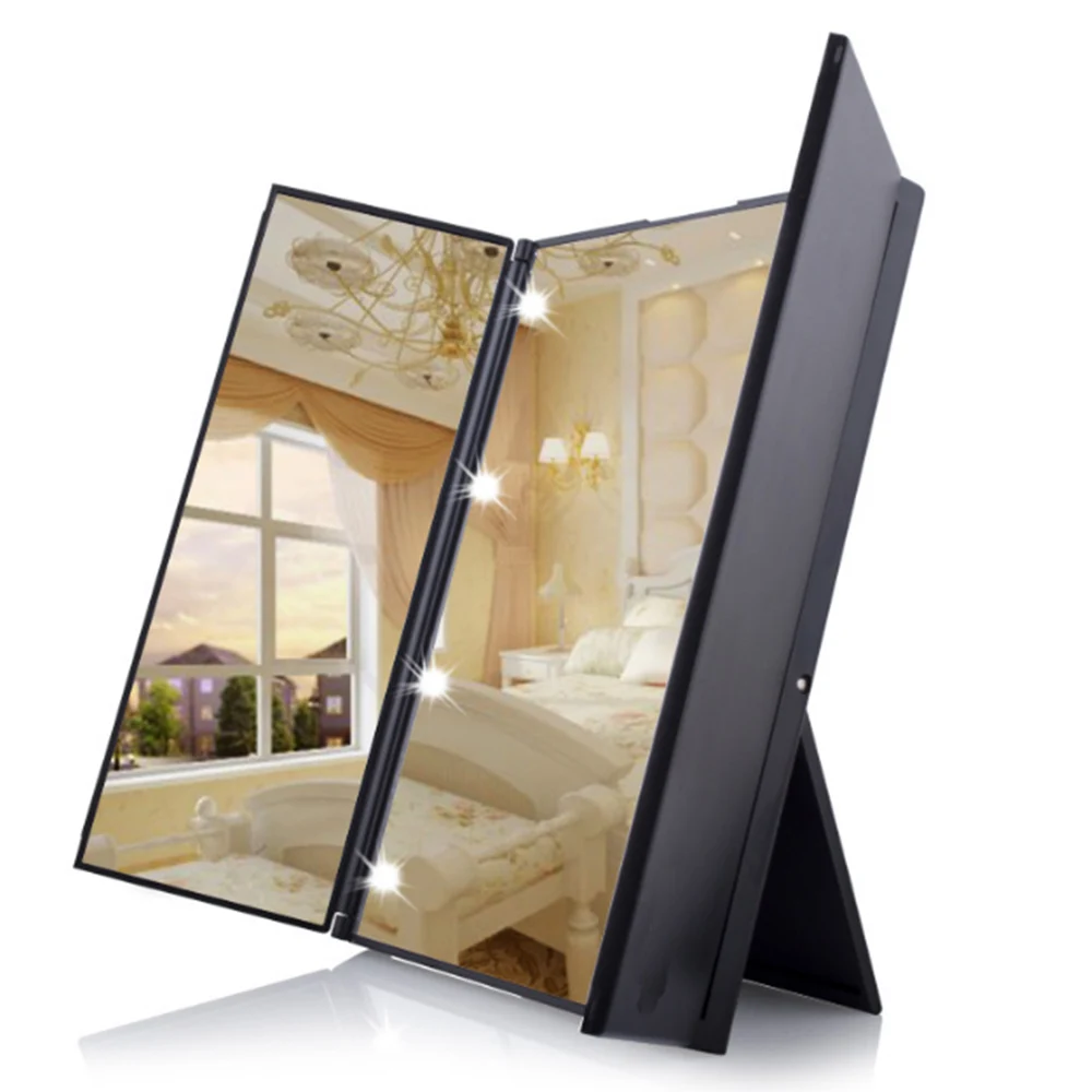 

Portable Makeup Mirror LED Illuminated Tote Pack Foldable Triple Mirror with Stand with Two CR2032 Batteries Cosmetic Mirror