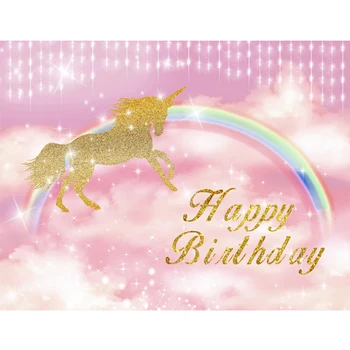 

Unicorn Happy Birthday photography Backdrop Gold Glitter Rainbow Unicorn Background Cake Table Banner Photo Booth Backdrops